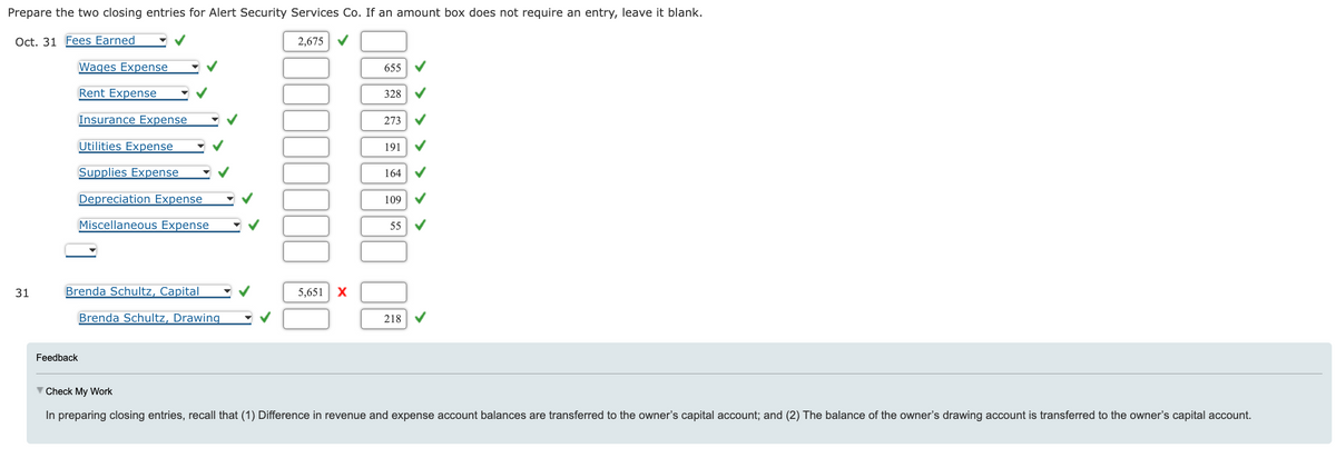 Prepare the two closing entries for Alert Security Services Co. If an amount box does not require an entry, leave it blank.
Oct. 31 Fees Earned
31
Wages Expense
Rent Expense
Insurance Expense
Utilities Expense
Supplies Expense
Feedback
Depreciation Expense
Miscellaneous Expense
Brenda Schultz, Capital
Brenda Schultz, Drawing
2,675 ✔
5,651 X
655
328
273
191
164
109
55
218
▼ Check My Work
In preparing closing entries, recall that (1) Difference in revenue and expense account balances are transferred to the owner's capital account; and (2) The balance of the owner's drawing account is transferred to the owner's capital account.