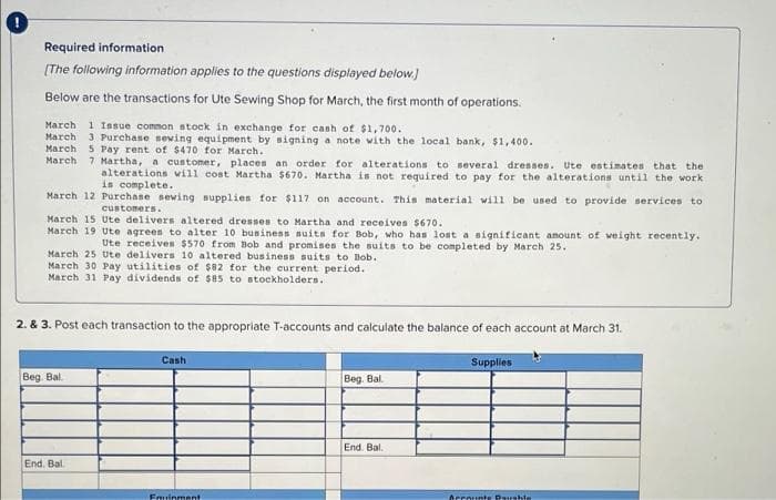 Required information
[The following information applies to the questions displayed below.]
Below are the transactions for Ute Sewing Shop for March, the first month of operations.
March 1 Issue common stock in exchange for cash of $1,700.
March 3 Purchase sewing equipment by signing a note with the local bank, $1,400.
March 5 Pay rent of $470 for March.
March 7 Martha, a customer, places an order for alterations to several dresses. Ute estimates that the
alterations will cost Martha $670. Martha is not required to pay for the alterations until the work
is complete.
March 12 Purchase sewing supplies for $117 on account. This material will be used to provide services to
customers.
March 15 Ute delivers altered dresses to Martha and receives $670.
March 19 Ute agrees to alter 10 business suits for Bob, who has lost a significant amount of weight recently.
Ute receives $570 from Bob and promises the suits to be completed by March 25.
March 25 Ute delivers 10 altered business suits to Bob.
March 30 Pay utilities of $82 for the current period.
March 31 Pay dividends of $85 to stockholders.
2. & 3. Post each transaction to the appropriate T-accounts and calculate the balance of each account at March 31.
Beg. Bal
End. Bal
Cash
Fruinment
1
Beg. Bal
End. Bal.
Supplies
Accounts Parable