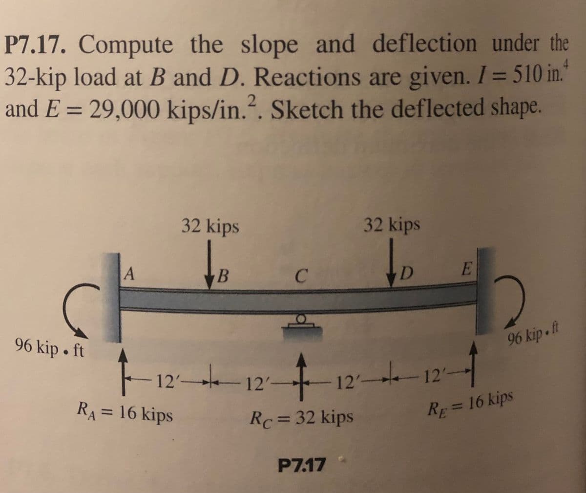 P7.17. Compute the slope and deflection under the
32-kip load at B and D. Reactions are given. I = 510 in.
and E = 29,000 kips/in.?. Sketch the deflected shape.
%3D
32 kips
32 kips
B
D.
96 kip • ft
96 kip ft
12 12-
4.
12'-12-
RA= 16 kips
RE= 16 kips
%3D
Rc%3D32 kips
P7.17
