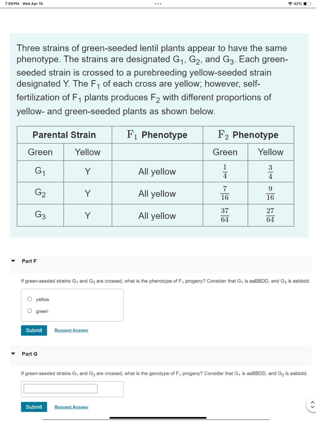 7:09 PM Wed Apr 10
Three strains of green-seeded lentil plants appear to have the same
phenotype. The strains are designated G1, G2, and G3. Each green-
seeded strain is crossed to a purebreeding yellow-seeded strain
designated Y. The F₁ of each cross are yellow; however, self-
fertilization of F₁ plants produces F2 with different proportions of
yellow- and green-seeded plants as shown below.
Parental Strain
F1 Phenotype
F2 Phenotype
Green
Yellow
Green
Yellow
1
G1
Y
All yellow
G2
Y
All yellow
དྲུབ
16
37
G3
Y
All yellow
64
341621
9
27
Part F
42%
If green-seeded strains G₁ and G3 are crossed, what is the phenotype of F₁ progeny? Consider that G₁ is aaBBDD, and G3 is aabbdd.
yellow
green
Submit
Request Answer
Part G
If green-seeded strains G₁ and G3 are crossed, what is the genotype of F₁ progeny? Consider that G₁ is aaBBDD, and G3 is aabbdd.
Submit
Request Answer