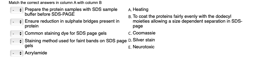 Match the correct answers in column A with column B
+ Prepare the protein samples with SDS sample
buffer before SDS-PAGE
A. Heating
B. To coat the proteins fairly evenly with the dodecyl
moieties allowing a size dependent separation in SDS-
page
+ Common staining dye for SDS page gels
C.
Coomassie
+ Staining method used for faint bands on SDS page D. Silver stain
gels
E. Neurotoxic
+ Acrylamide
+ Ensure reduction in sulphate bridges present in
protein