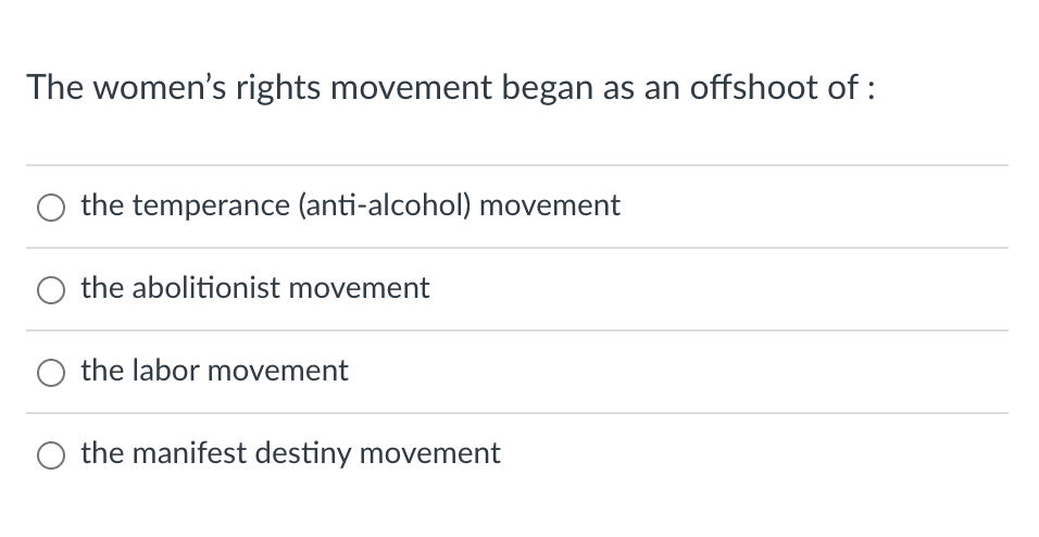 The women's rights movement began as an offshoot of:
the temperance (anti-alcohol) movement
O the abolitionist movement
O the labor movement
the manifest destiny movement