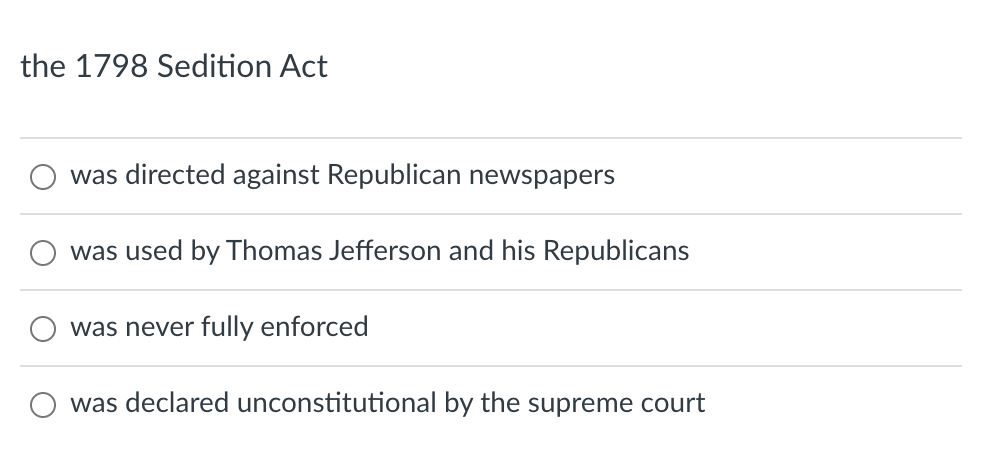 the 1798 Sedition Act
was directed against Republican newspapers
was used by Thomas Jefferson and his Republicans
was never fully enforced
was declared unconstitutional by the supreme court