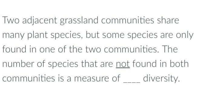Two adjacent grassland communities share
many plant species, but some species are only
found in one of the two communities. The
number of species that are not found in both
communities is a measure of ______ diversity.