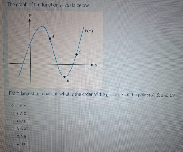 The graph of the function y=f(x) is below.
f(x)
N
C
B
From largest to smallest, what is the order of the gradients of the points A, B, and C?
OC.B. A
O B, A, C
O A.C. B
OB, C.A
OR
OAB.C
X