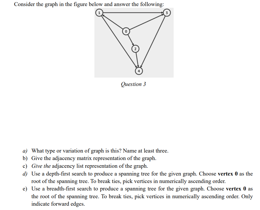 Consider the graph in the figure below and answer the following:
Question 3
a) What type or variation of graph is this? Name at least three.
b) Give the adjacency matrix representation of the graph.
c) Give the adjacency list representation of the graph.
d) Use a depth-first search to produce a spanning tree for the given graph. Choose vertex 0 as the
root of the spanning tree. To break ties, pick vertices in numerically ascending order.
e) Use a breadth-first search to produce a spanning tree for the given graph. Choose vertex 0 as
the root of the spanning tree. To break ties, pick vertices in numerically ascending order. Only
indicate forward edges.
