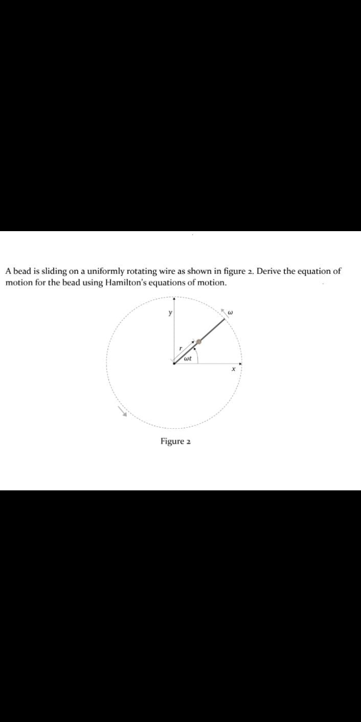 A bead is sliding on a uniformly rotating wire as shown in figure 2. Derive the equation of
motion for the bead using Hamilton's equations of motion.
wt
Figure 2
