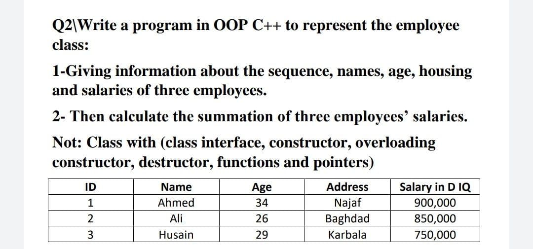 Q2\Write a program in OOP C++ to represent the employee
class:
1-Giving information about the sequence, names, age, housing
and salaries of three employees.
2- Then calculate the summation of three employees' salaries.
Not: Class with (class interface, constructor, overloading
constructor, destructor, functions and pointers)
Salary in D IQ
900,000
ID
Name
Age
Address
Najaf
Baghdad
1
Ahmed
34
2
Ali
26
850,000
Husain
29
Karbala
750,000

