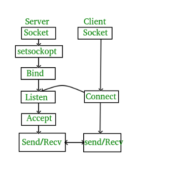 Server
Socket
setsockopt
Bind
Listen
Accept
Send/Recv
Client
Socket
Connect
send/Recy