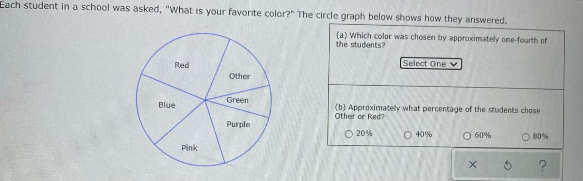 Each student in a school was asked, "What is your favorite color?" The circle graph below shows how they answered.
(a) Which color was chosen by approximately one-fourth of
the students?
Red
Select One v
Other
Green
Blue
(b) Approximately what percentage of the students chose
Other or Red?
Purple
O 20%
O 40%
O 60%
O 80%
Pink
