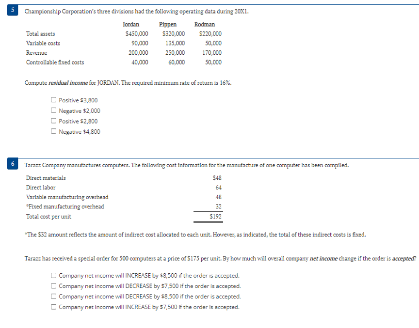 5
Championship Corporation's three divisions had the following operating data during 20X1.
Pippen
Total assets
Variable costs
Revenue
Controllable fixed costs
Jordan
$450,000
90,000
200,000
40,000
Variable manufacturing overhead
*Fixed manufacturing overhead
Total cost per unit
$320,000
135,000
250,000
60,000
Rodman
$220,000
50,000
170,000
50,000
Compute residual income for JORDAN. The required minimum rate of return is 16%.
Positive $3,800
Negative $2,000
Positive $2,800
Negative $4,800
6 Tarazz Company manufactures computers. The following cost information for the manufacture of one computer has been compiled.
Direct materials
Direct labor
$48
64
48
32
$192
*The $32 amount reflects the amount of indirect cost allocated to each unit. However, as indicated, the total of these indirect costs is fixed.
Tarazz has received a special order for 500 computers at a price of $175 per unit. By how much will overall company net income change if the order is accepted.
Company net income will INCREASE by $8,500 if the order is accepted.
Company net income will DECREASE by $7,500 if the order is accepted.
Company net income will DECREASE by $8,500 if the order is accepted.
Company net income will INCREASE by $7,500 if the order is accepted.