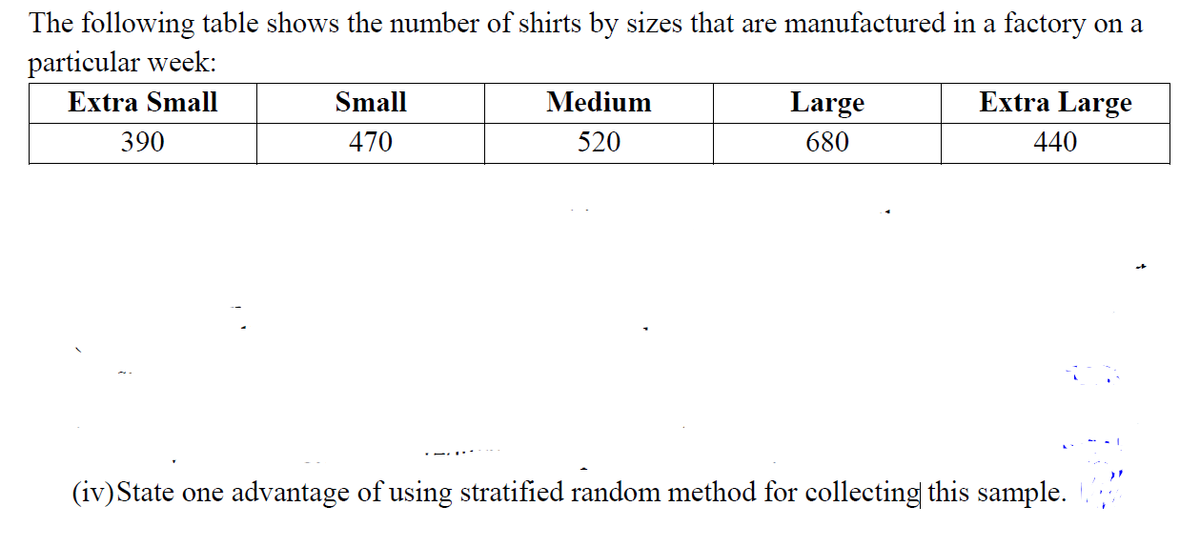The following table shows the number of shirts by sizes that are manufactured in a factory on a
particular week:
Extra Small
Small
Medium
Large
Extra Large
390
470
520
680
440
(iv)State one advantage of using stratified random method for collecting this sample.
