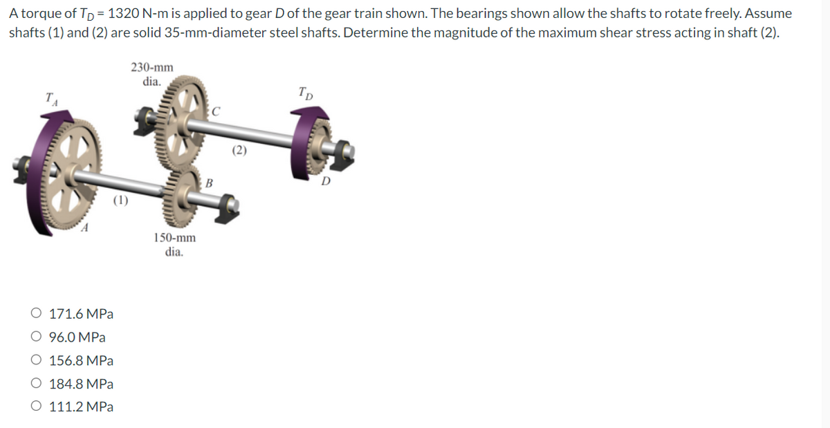 A torque of Tp = 1320 N-m is applied to gear D of the gear train shown. The bearings shown allow the shafts to rotate freely. Assume
shafts (1) and (2) are solid 35-mm-diameter steel shafts. Determine the magnitude of the maximum shear stress acting in shaft (2).
230-mm
dia.
Tp
D
(1)
150-mm
dia.
О 171.6 МРa
O 96.0 MPa
O 156.8 MPa
O 184.8 MPa
O 111.2 MPa
