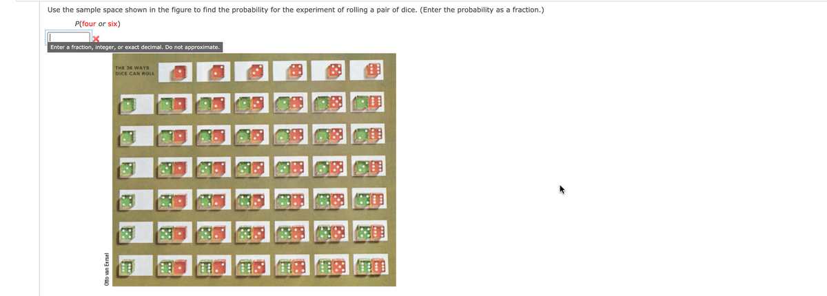 Use the sample space shown in the figure to find the probability for the experiment of rolling a pair of dice. (Enter the probability as a fraction.)
P(four or six)
Enter a fraction, integer, or exact decimal. Do not approximate.
THE 36 WAYS
DICE CAN ROLL
自a. T:3 3 E目
Otto van Eersel
