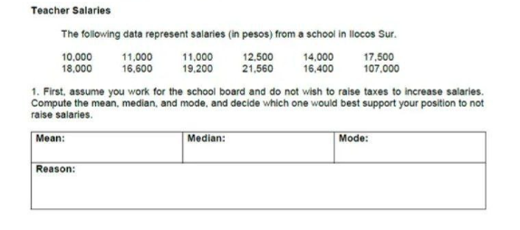 Teacher Salaries
The following data represent salaries (in pesos) from a school in llocos Sur.
10,000
18,000
11,000
16,600
11,000
19.200
12,500
21,560
14,000
16,400
17,500
107,000
1. First, assume you work for the school board and do not wish to raise taxes to increase salaries.
Compute the mean, median, and mode, and decide which one would best support your position to not
raise salaries.
Mean:
|Median:
Mode:
Reason:
