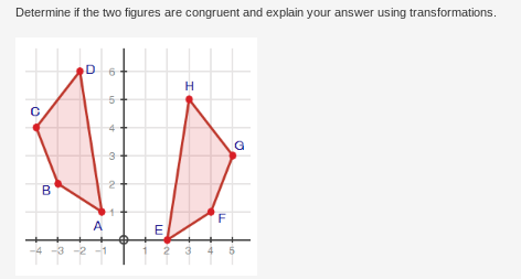 Determine if the two figures are congruent and explain your answer using transformations.
с
B
D 6
A
43 24
5
st
4
3
2
E
H
F
TI
G
2 3 4 5