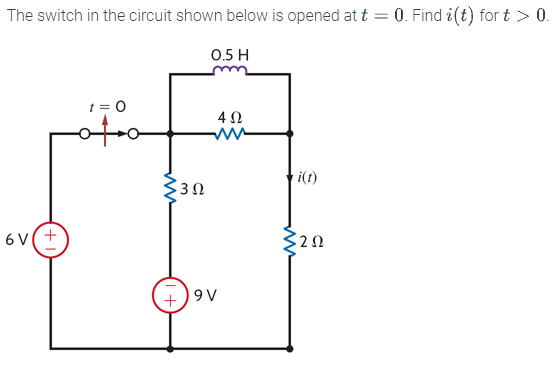 The switch in the circuit shown below is opened at t = 0. Find i(t) fort > 0.
0.5 H
6V+
t = 0
oto
www
$30
4 Ω
ww
+9V
ww
i(t)
202