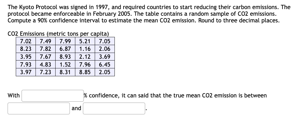 The Kyoto Protocol was signed in 1997, and required countries to start reducing their carbon emissions. The
protocol became enforceable in February 2005. The table contains a random sample of CO2 emissions.
Compute a 90% confidence interval to estimate the mean CO2 emission. Round to three decimal places.
CO2 Emissions (metric tons per capita)
7.02 7.49 7.99 5.21
8.23 7.82 6.87 1.16
3.95 7.67 8.93 2.12 3.69
7.93 4.83 1.52
7.96 6.45
3.97 7.23 8.31
8.85 2.05
With
and
7.05
2.06
% confidence, it can said that the true mean CO2 emission is between