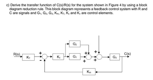 c) Derive the transfer function of C(s)/R(s) for the system shown in Figure 4 by using a block
diagram reduction rule. This block diagram represents a feedback control system with R and
C are signals and G₁, G2, G3, Km, KT, Kc and K, are control elements.
R(s)
ordo?!
Ke
G₁
KT
G₂
+
+
Km
+
G3
C(s)