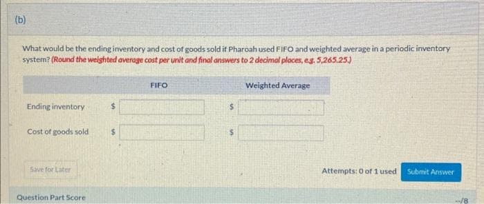 (b)
What would be the ending inventory and cost of goods sold if Pharoah used FIFO and weighted average in a periodic inventory
system? (Round the weighted average cost per unit and final answers to 2 decimal places, eg. 5,265.25.)
Ending inventory
Cost of goods sold
Save for Later
Question Part Score
$
$
FIFO
Weighted Average
Attempts: 0 of 1 used
Submit Answer
18