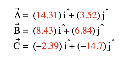 Ả= (14.31)i+(3.52)j
B = (8.43) i^+ (6.84) j^
Ĉ= (-2.39)i + (-14.7) j^