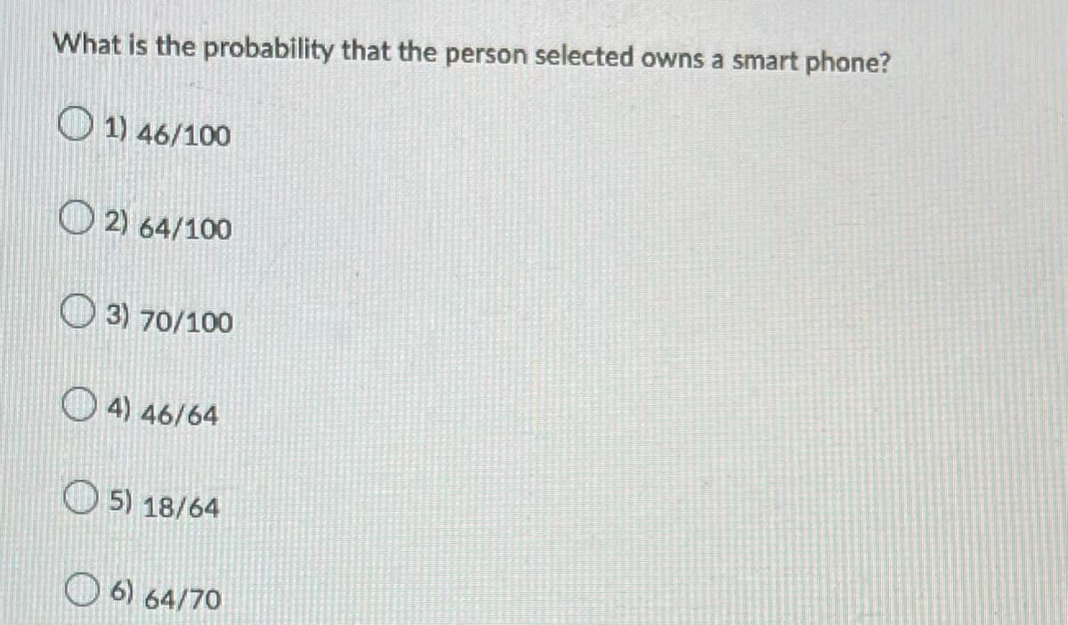 What is the probability that the person selected owns a smart phone?
1) 46/100
2) 64/100
3) 70/100
4) 46/64
5) 18/64
6) 64/70