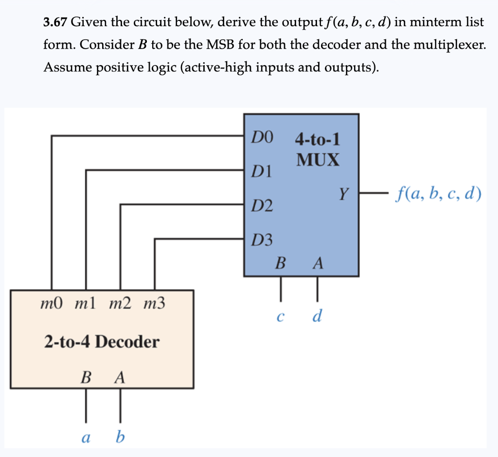 3.67 Given the circuit below, derive the output f(a, b, c, d) in minterm list
form. Consider B to be the MSB for both the decoder and the multiplexer.
Assume positive logic (active-high inputs and outputs).
m0 m1 m2 m3
2-to-4 Decoder
BA
a b
DO
D1
D2
D3
4-to-1
MUX
BA
d
Y
f(a, b, c, d)