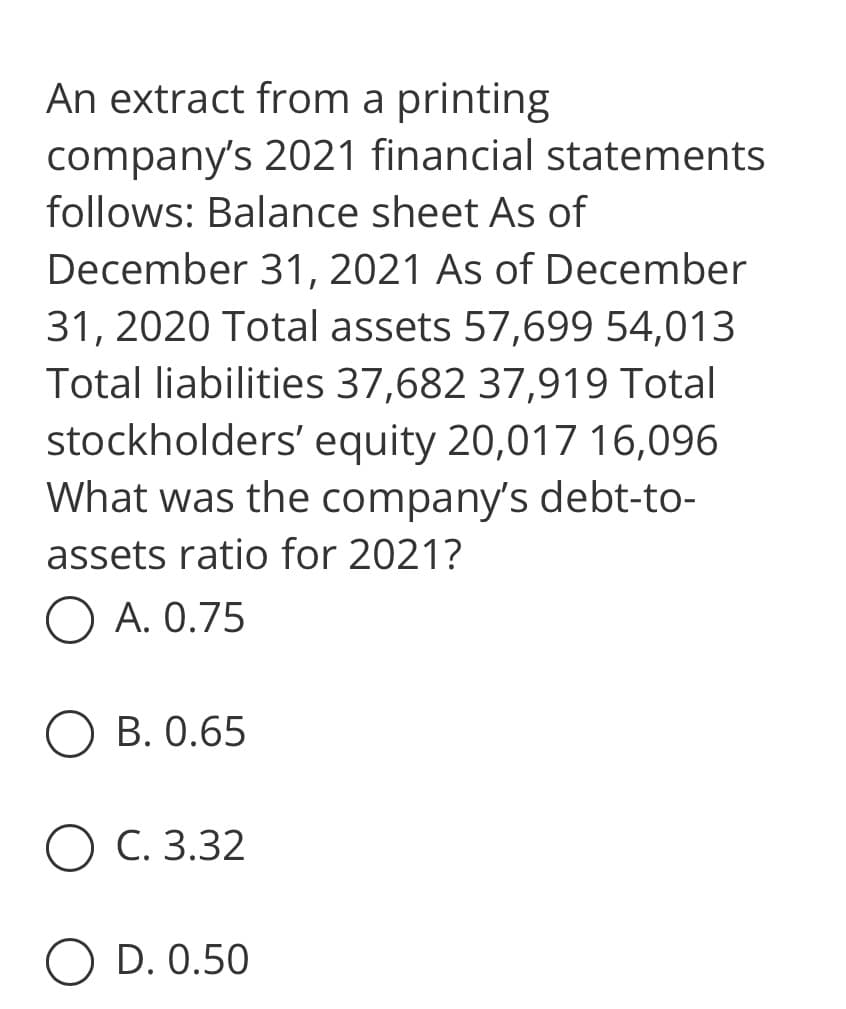 An extract from a printing
company's 2021 financial statements
follows: Balance sheet As of
December 31, 2021 As of December
31, 2020 Total assets 57,699 54,013
Total liabilities 37,682 37,919 Total
stockholders' equity 20,017 16,096
What was the company's debt-to-
assets ratio for 2021?
O A. 0.75
B. 0.65
O C.3.32
O D. 0.50