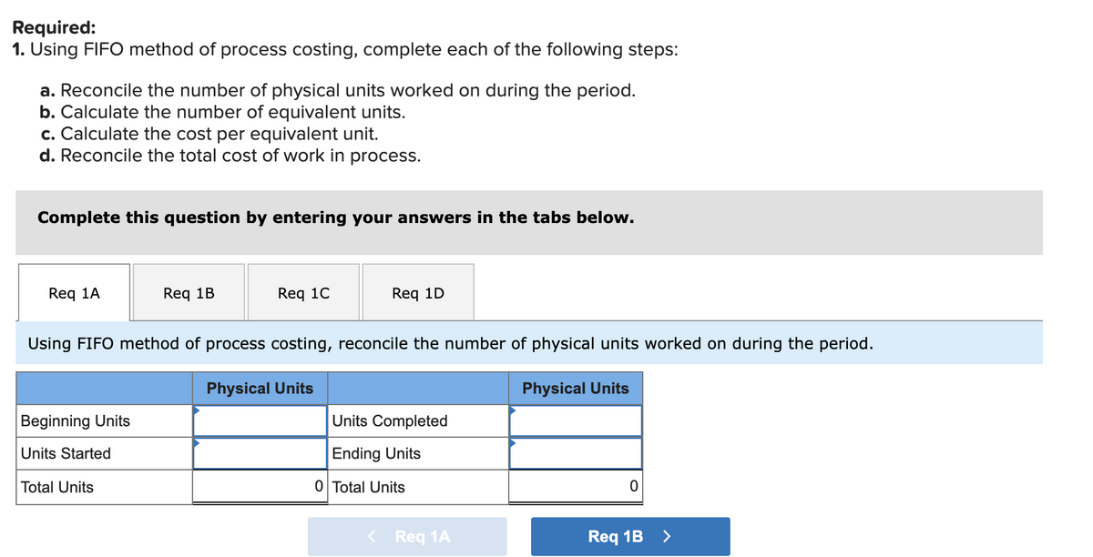Required:
1. Using FIFO method of process costing, complete each of the following steps:
a. Reconcile the number of physical units worked on during the period.
b. Calculate the number of equivalent units.
c. Calculate the cost per equivalent unit.
d. Reconcile the total cost of work in process.
Complete this question by entering your answers in the tabs below.
Req 1A
Req 1B
Beginning Units
Units Started
Total Units
Req 1C
Req 1D
Using FIFO method of process costing, reconcile the number of physical units worked on during the period.
Physical Units
Units Completed
Ending Units
0 Total Units
< Req 1A
Physical Units
0
Req 1B