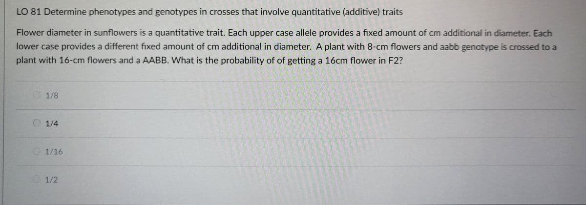 LO 81 Determine phenotypes and genotypes in crosses that involve quantitative (additive) traits
Flower diameter in sunflowers is a quantitative trait. Each upper case allele provides a fixed amount of cm additional in diameter. Each
lower case provides a different fixed amount of cm additional in diameter. A plant with 8-cm flowers and aabb genotype is crossed to a
plant with 16-cm flowers and a AABB. What is the probability of of getting a 16cm flower in F2?
1/8
O 1/4
1/16
1/2
