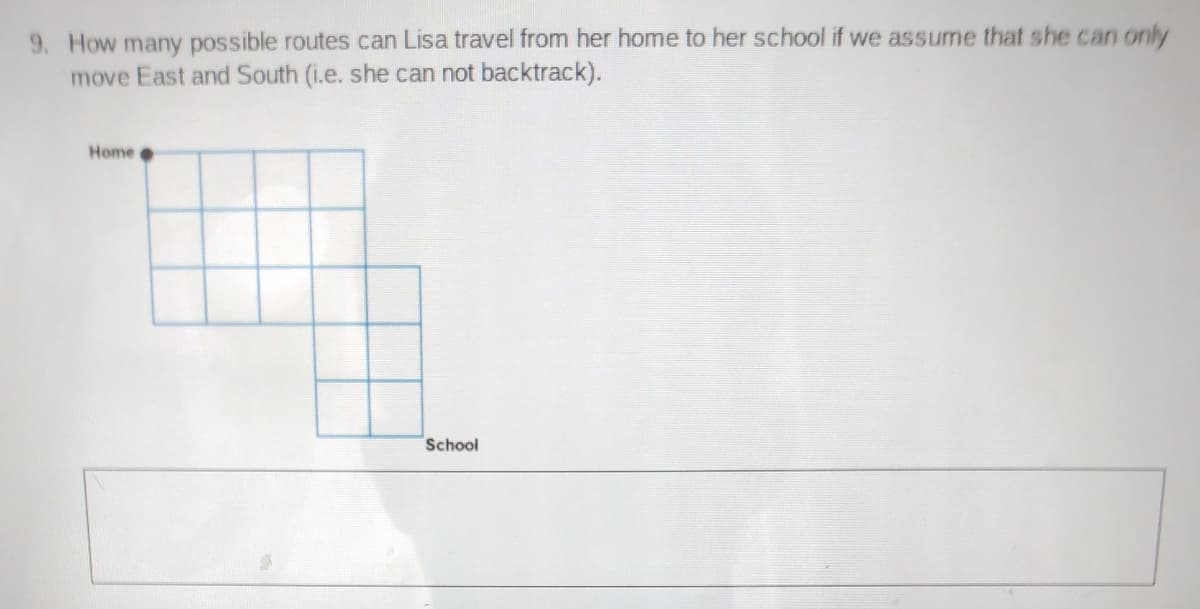 9. How many possible routes can Lisa travel from her home to her school if we assume that she can only
move East and South (i.e. she can not backtrack).
Home
School