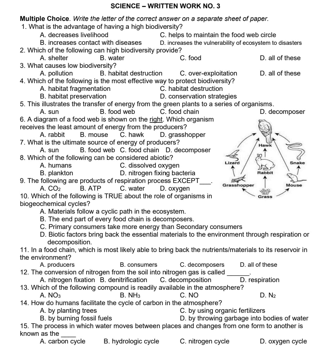 SCIENCE - WRITTEN WORK NO. 3
Multiple Choice. Write the letter of the correct answer on a separate sheet of paper.
1. What is the advantage of having a high biodiversity?
C. helps to maintain the food web circle
D. increases the vulnerability of ecosystem to disasters
C. food
A. decreases livelihood
B. increases contact with diseases
2. Which of the following can high biodiversity provide?
A. shelter
B. water
3. What causes low biodiversity?
A. pollution
B. habitat destruction
C. over-exploitation
4. Which of the following is the most effective way to protect biodiversity?
A. habitat fragmentation
C. habitat destruction
B. habitat preservation
6. A diagram of a food web is shown on the right. Which organism
receives the least amount of energy from the producers?
B. mouse
C. hawk
D. conservation strategies
5. This illustrates the transfer of energy from the green plants to a series of organisms.
A. sun
B. food web
C. food chain
A. rabbit
D. grasshopper
7. What is the ultimate source of energy of producers?
A. sun
B. food web C. food chain D. decomposer
8. Which of the following can be considered abiotic?
A. humans
B. plankton
C. dissolved oxygen
D. nitrogen fixing bacteria
9. The following are products of respiration process EXCEPT
B. ATP
D. oxygen
A. CO2
C. water
10. Which of the following is TRUE about the role of organisms in
biogeochemical cycles?
A. Materials follow a cyclic path in the ecosystem.
Lizard
Grasshopper
D. all of these
A. producers
B. consumers
C. decomposers
12. The conversion of nitrogen from the soil into nitrogen gas is called
A. nitrogen fixation B. denitrification
14. How do humans facilitate the cycle of carbon in the atmosphere?
A. by planting trees
B. by burning fossil fuels
D. all of these
C. decomposition
13. Which of the following compound is readily available in the atmosphere?
B. NH3
A. NO3
C. NO
D. decomposer
Hawk
Rabbit
Grass
B. The end part of every food chain is decomposers.
C. Primary consumers take more energy than Secondary consumers
D. Biotic factors bring back the essential materials to the environment through respiration or
decomposition.
11. In a food chain, which is most likely able to bring back the nutrients/materials to its reservoir in
the environment?
D. all of these
Snake
Mouse
D. respiration
D. N2
C. by using organic fertilizers
D. by throwing garbage into bodies of water
15. The process in which water moves between places and changes from one form to another is
known as the
A. carbon cycle B. hydrologic cycle
C. nitrogen cycle
D. oxygen cycle