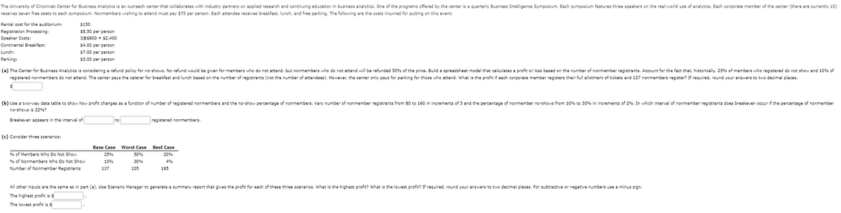 The University of Cincinnati Center for Business Analytics is an outreach center that collaborates with industry partners on applied research and continuing education in business analytics. One of the programs offered by the center is a quarterly Business Intelligence Symposium. Each symposium features three speakers on the real-world use of analytics. Each corporate member of the center (there are currently 10)
receives seven free seats to each symposium. Nonmembers wishing to attend must pay $75 per person. Each attendee receives breakfast, lunch, and free parking. The following are the costs incurred for putting on this event:
Rental cost for the auditorium:
Registration Processing:
Speaker Costs:
Continental Breakfast:
Lunch:
Parking:
$150
$8.50 per person
3@$800 = $2,400
$4.00 per person
$7.00 per person
$5.00 per person
(a) The Center for Business Analytics is considering a refund policy for no-shows. No refund would be given for members who do not attend, but nonmembers who do not attend will be refunded 50% of the price. Build a spreadsheet model that calculates a profit or loss based on the number of nonmember registrants. Account for the fact that, historically, 25% of members who registered do not show and 10% of
registered nonmembers do not attend. The center pays the caterer for breakfast and lunch based on the number of registrants (not the number of attendees). However, the center only pays for parking for those who attend. What is the profit if each corporate member registers their full allotment of tickets and 127 nonmembers register? If required, round your answers to two decimal places.
$
(b) Use a two-way data table to show how profit changes as a function of number of registered nonmembers and the no-show percentage of nonmembers. Vary number of nonmember registrants from 80 to 160 in increments of 5 and the percentage of nonmember no-shows from 10% to 30% in increments of 2%. In which interval of nonmember registrants does breakeven occur if the percentage of nonmember
no-shows is 22%?
Breakeven appears in the interval of
(c) Consider three scenarios:
to
registered nonmembers.
% of Members Who Do Not Show
% of Nonmembers Who Do Not Show
Number of Nonmember Registrants
Base Case Worst Case
Best Case
25%
10%
137
50%
30%
105
20%
4%
185
All other inputs are the same as in part (a). Use Scenario Manager to generate a summary report that gives the profit for each of these three scenarios. What is the highest profit? What is the lowest profit? If required, round your answers to two decimal places. For subtractive or negative numbers use a minus sign.
The highest profit is $
The lowest profit is $