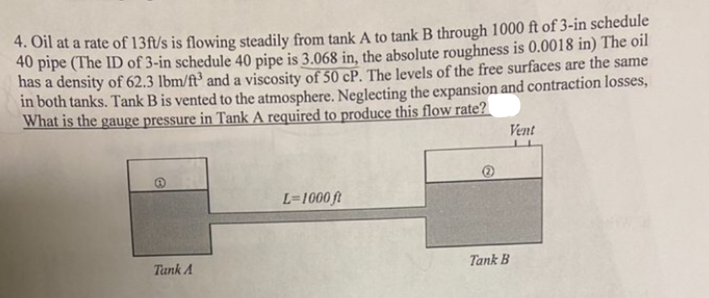 4. Oil at a rate of 13ft/s is flowing steadily from tank A to tank B through 1000 ft of 3-in schedule
40 pipe (The ID of 3-in schedule 40 pipe is 3.068 in, the absolute roughness is 0.0018 in) The oil
has a density of 62.3 lbm/ft3 and a viscosity of 50 cP. The levels of the free surfaces are the same
in both tanks. Tank B is vented to the atmosphere. Neglecting the expansion and contraction losses,
What is the gauge pressure in Tank A required to produce this flow rate?
Tank A
L=1000 ft
2
Vent
Tank B