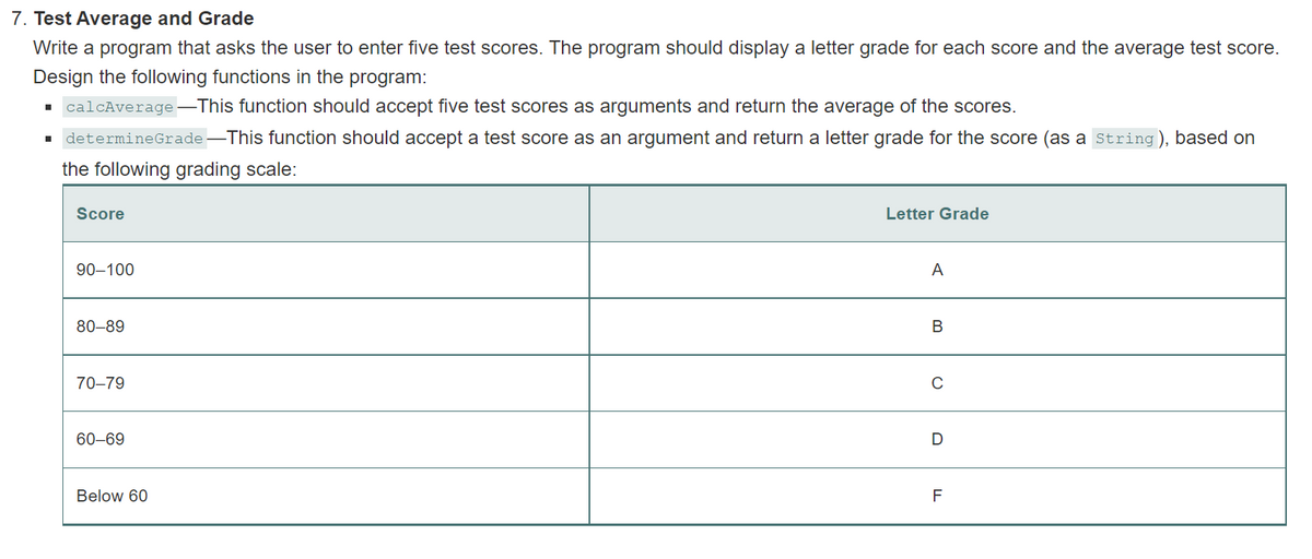 7. Test Average and Grade
Write a program that asks the user to enter five test scores. The program should display a letter grade for each score and the average test score.
Design the following functions in the program:
calcAverage-This function should accept five test scores as arguments and return the average of the scores.
▪ determine Grade-This function should accept a test score as an argument and return a letter grade for the score (as a String), based on
the following grading scale:
Score
90-100
80-89
70-79
60-69
Below 60
Letter Grade
A
B
C
D
F