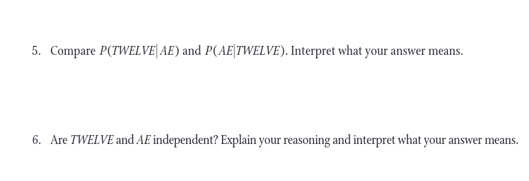 5. Compare P(TWELVE AE) and P(AE TWELVE). Interpret what your answer means.
6. Are TWELVE and AE independent? Explain your reasoning and interpret what your answer means.