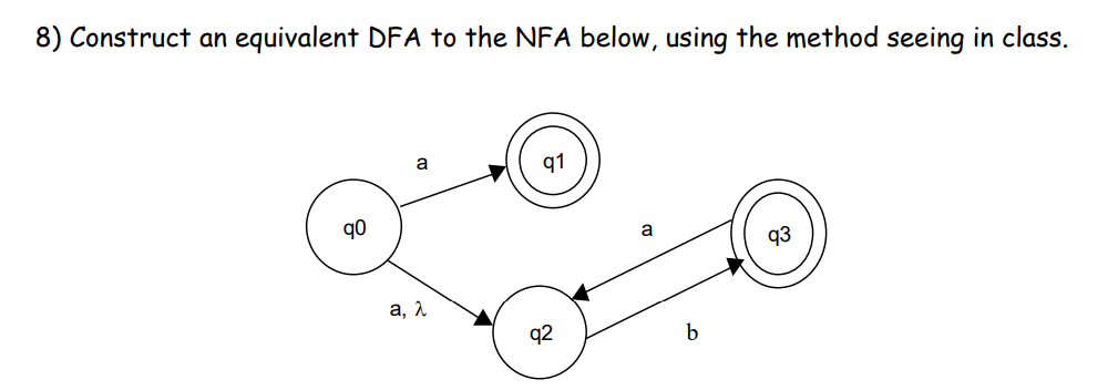 8) Construct an equivalent DFA to the NFA below, using the method seeing in class.
90
a
a, λ
q1
a
b
93