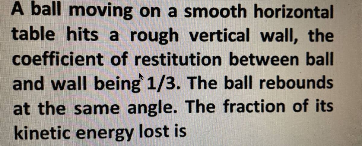 A ball moving on a smooth horizontal
table hits a rough vertical wall, the
coefficient of restitution between ball
and wall being 1/3. The ball rebounds
at the same angle. The fraction of its
kinetic energy lost is