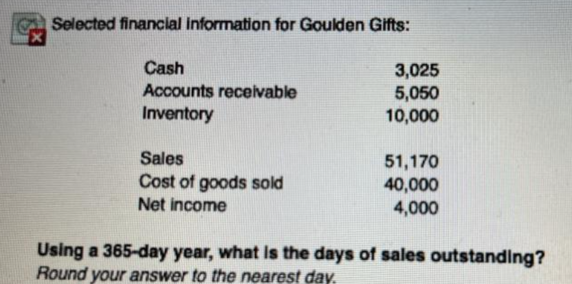 Selected financial information for Goulden Gifts:
Cash
Accounts receivable
Inventory
Sales
Cost of goods sold
Net income
3,025
5,050
10,000
51,170
40,000
4,000
Using a 365-day year, what is the days of sales outstanding?
Round your answer to the nearest day.
