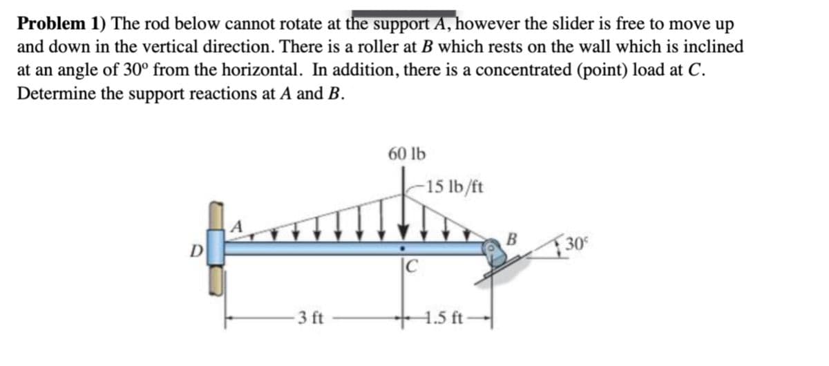 Problem 1) The rod below cannot rotate at the support A, however the slider is free to move up
and down in the vertical direction. There is a roller at B which rests on the wall which is inclined
at an angle of 30° from the horizontal. In addition, there is a concentrated (point) load at C.
Determine the support reactions at A and B.
60 lb
15 lb/ft
B
30
D
|C
3 ft
4.5 ft-
