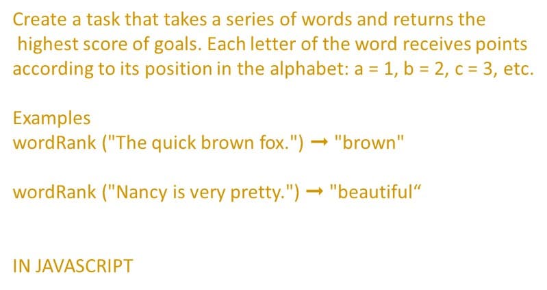 Create a task that takes a series of words and returns the
highest score of goals. Each letter of the word receives points
according to its position in the alphabet: a = 1, b = 2, c = 3, etc.
Examples
wordRank ("The quick brown fox.") → "brown"
wordRank ("Nancy is very pretty.") → "beautiful“
IN JAVASCRIPT
