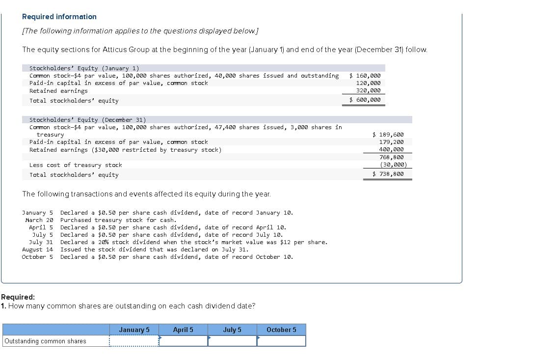 Required information
[The following information applies to the questions displayed below.]
The equity sections for Atticus Group at the beginning of the year (January 1) and end of the year (December 31) follow.
Stockholders' Equity (January 1)
Common stock-$4 par value, 100,000 shares authorized, 40,000 shares issued and outstanding
Paid-in capital in excess of par value, common stock
$ 160,000
120,000
320,000
$ 600,000
Retained earnings
Total stockholders' equity
Stockholders' Equity (December 31)
Common stock-$4 par value, 100,000 shares authorized, 47,400 shares issued, 3,000 shares in
treasury
Paid-in capital in excess of par value, common stock
Retained earnings ($30,000 restricted by treasury stock)
Less cost of treasury stock
Total stockholders' equity
The following transactions and events affected its equity during the year.
January 5
March 20
April 5
July 5
July 31
August 14
October 5
Declared a $0.50 per share cash dividend, date of record January 10.
Purchased treasury stock for cash.
Declared a $0.50 per share cash dividend, date of record April 10.
Declared a $0.50 per share cash dividend, date of record July 10.
Declared a 20% stock dividend when the stock's market value was $12 per share.
Issued the stock dividend that was declared on July 31.
Declared a $0.50 per share cash dividend, date of record October 10.
$ 189,600
179,200
400,000
768,800
(30,000)
$ 738,800
Required:
1. How many common shares are outstanding on each cash dividend date?
January 5
April 5
July 5
October 5
Outstanding common shares