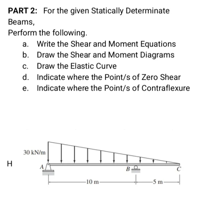 PART 2: For the given Statically Determinate
Beams,
Perform the following.
Write the Shear and Moment Equations
b. Draw the Shear and Moment Diagrams
а.
C.
Draw the Elastic Curve
d. Indicate where the Point/s of Zero Shear
e. Indicate where the Point/s of Contraflexure
30 kN/m
A
-10 m-
-5 m
