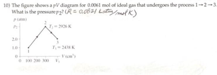 10) The figure shows a pV diagram for 0.0061 mol of ideal gas that undergoes the process 1-2-3.
What is the pressure p2? (= 0,0821 Latm/molk)
p (atm)
P2
2.0-
1.0
T₂=2926 K
T₁=2438 K
V (cm')
0
0 100 200 300 V,
