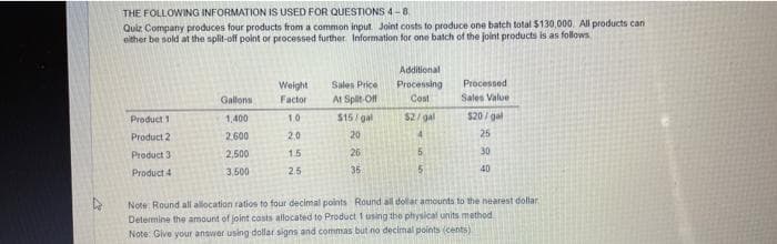 THE FOLLOWING INFORMATION IS USED FOR QUESTIONS 4-8
Quiz Company produces four products from a common input. Joint costs to produce one batch total $130,000. All products can
either be sold at the split-off point or processed further. Information for one batch of the joint products is as follows
Product 1
Product 2
Product 3
Product 4
Gallons
1,400
2.600
2,500
3.500
Weight
Factor
1.0
20
1.5
2.5
Sales Price
At Split-Off
$15/gal
20
26
35
Additional
Processing
Cost
$2/gal
5
5
Processed
Sales Value
$20/gal
25
30
40
Note: Round all allocation ratios to four decimal points Round all dollar amounts to the nearest dollar.
Determine the amount of joint costs allocated to Product 1 using the physical units method
Note: Give your answer using dollar signs and commas but no decimal points (cents)