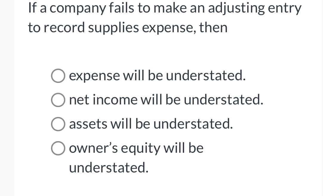 If a company fails to make an adjusting entry
to record supplies expense, then
expense will be understated.
net income will be understated.
assets will be understated.
owner's equity will be
understated.
