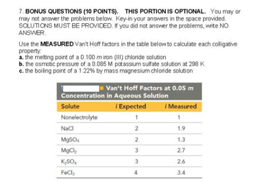 7. BONUS QUESTIONS (10 POINTS). THIS PORTION IS OPTIONAL. You may or
may not answer the problems below. Key-in your answers in the space provided.
SOLUTIONS MUST BE PROVIDED. If you did not answer the problems, write NO
ANSWER.
Use the MEASURED Van't Hoff factors in the table below to calculate each colligative
property
a. the melting point of a 0.100 m iron (III) chloride solution
b. the osmotic pressure of a 0.085 M potassium sulfate solution at 298 K
c. the boiling point of a 1.22% by mass magnesium chloride solution
Van't Hoff Factors at 0.05 m
Concentration in Aqueous Solution
Solute
i Expected i Measured
Nonelectrolyte
1
1
1.9
1.3
2.7
2.6
3.4
NaCl
MgSO
MgCl
K,SO
Face
223
3
4