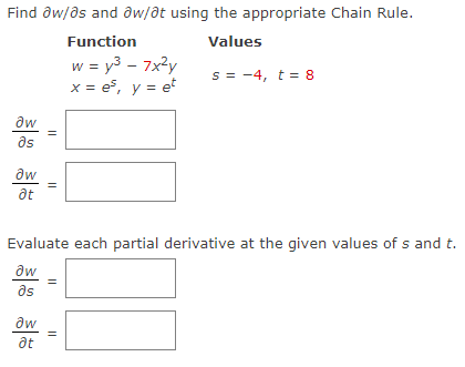 Find Ow/as and aw/ot using the appropriate Chain Rule.
Function
Values
w = y³ - 7x²y
x = e³, y = et
S = -4, t = 8
aw
əs
Əw
at
||
Evaluate each partial derivative at the given values of s and t.
aw
as
aw
at