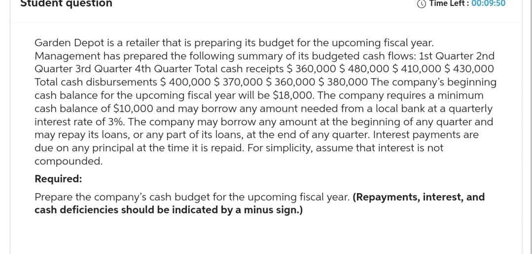 Student question
Time Left: 00:09:50
Garden Depot is a retailer that is preparing its budget for the upcoming fiscal year.
Management has prepared the following summary of its budgeted cash flows: 1st Quarter 2nd
Quarter 3rd Quarter 4th Quarter Total cash receipts $ 360,000 $ 480,000 $ 410,000 $430,000
Total cash disbursements $ 400,000 $ 370,000 $360,000 $380,000 The company's beginning
cash balance for the upcoming fiscal year will be $18,000. The company requires a minimum
cash balance of $10,000 and may borrow any amount needed from a local bank at a quarterly
interest rate of 3%. The company may borrow any amount at the beginning of any quarter and
may repay its loans, or any part of its loans, at the end of any quarter. Interest payments are
due on any principal at the time it is repaid. For simplicity, assume that interest is not
compounded.
Required:
Prepare the company's cash budget for the upcoming fiscal year. (Repayments, interest, and
cash deficiencies should be indicated by a minus sign.)