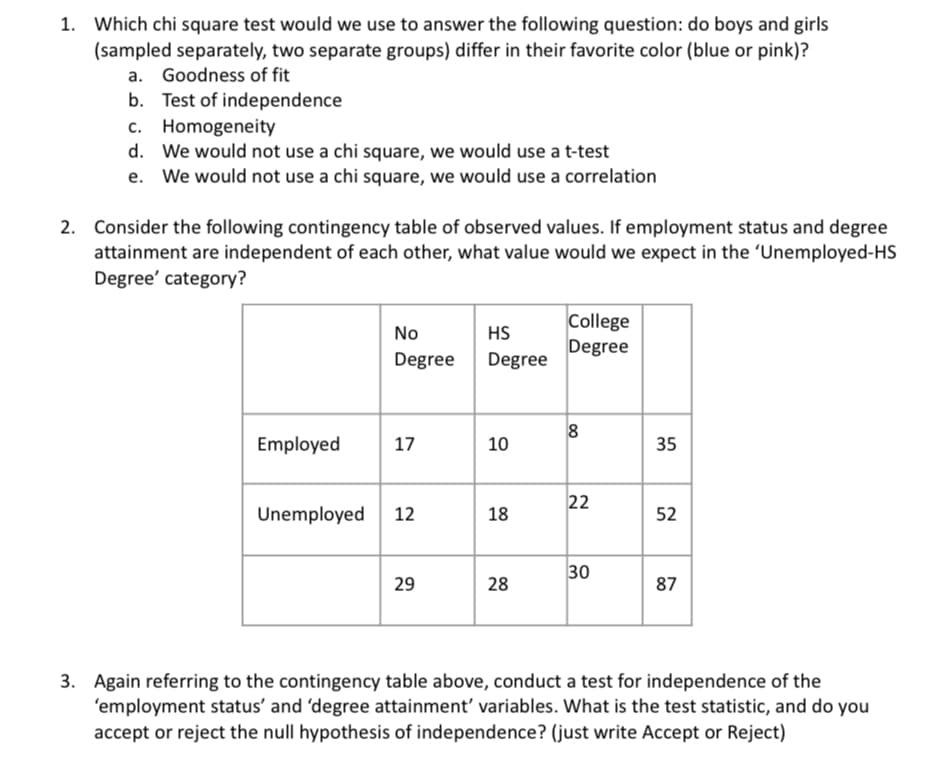1. Which chi square test would we use to answer the following question: do boys and girls
(sampled separately, two separate groups) differ in their favorite color (blue or pink)?
a. Goodness of fit
b. Test of independence
c. Homogeneity
d. We would not use a chi square, we would use a t-test
e. We would not use a chi square, we would use a correlation
2. Consider the following contingency table of observed values. If employment status and degree
attainment are independent of each other, what value would we expect in the 'Unemployed-HS
Degree' category?
Employed
No
Degree
17
Unemployed 12
29
HS
Degree
10
18
28
College
Degree
8
22
30
35
52
87
3. Again referring to the contingency table above, conduct a test for independence of the
'employment status' and 'degree attainment' variables. What is the test statistic, and do you
accept or reject the null hypothesis of independence? (just write Accept or Reject)